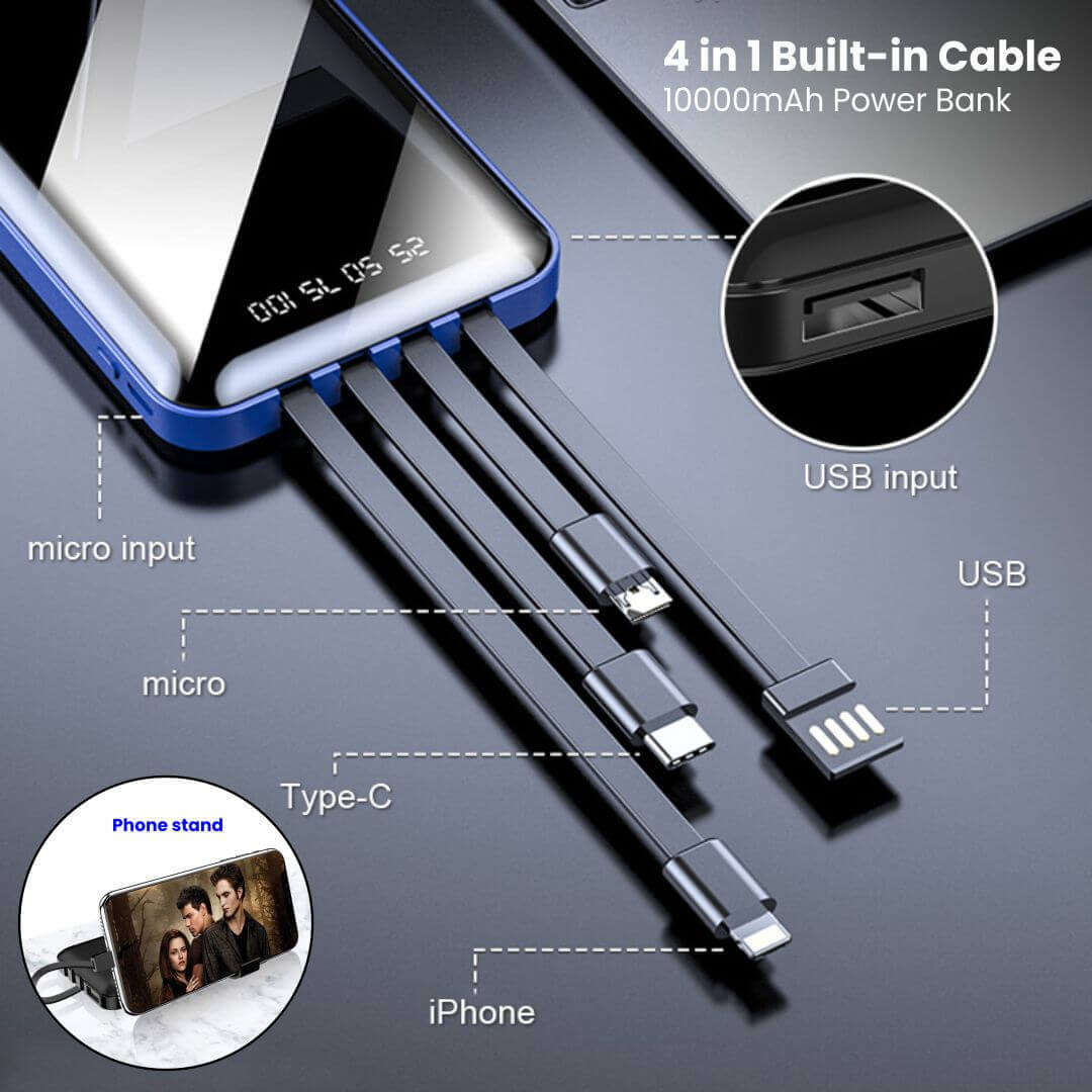 4 in 1 Built in Cable 10000mAh Power Bank with Mobile Stand