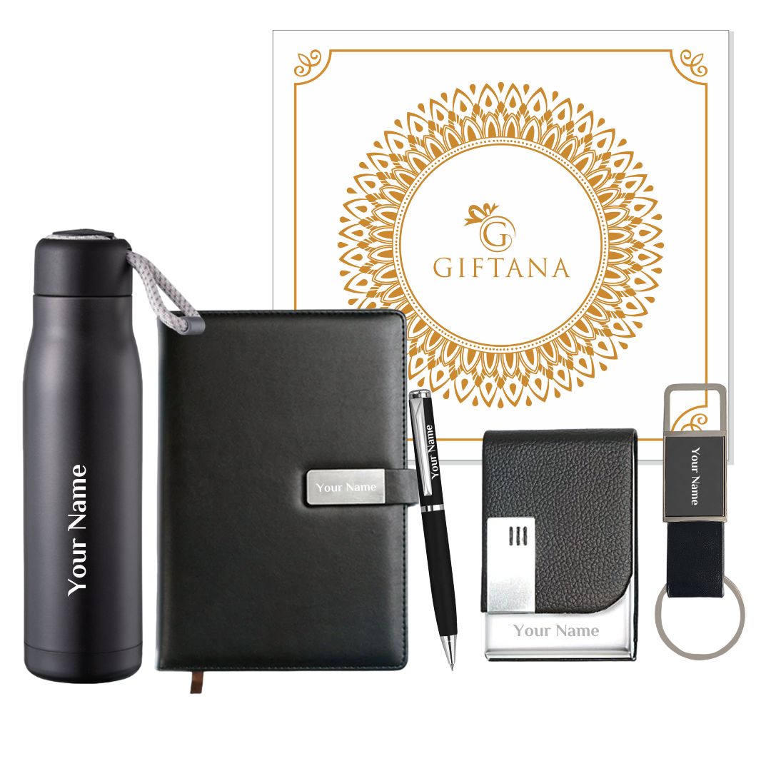 5 in 1 Customized Name Gift Set Pen, Diary, Bottle 500ml, Card Holder, Keychain - Black