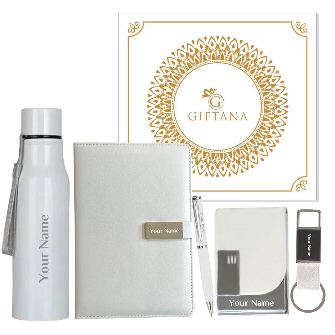 Personalized 5 in 1 Gift Set Water Bottle, Metallic Pen, Keychain, Notebook Diary and Cardholder with Name
